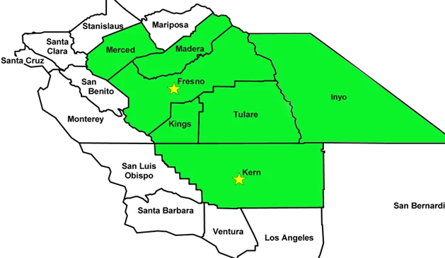 Kern, Merced, Fresno, Inyo, Madera, Tulare, and Kings County.
